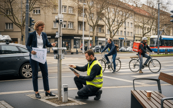 okos város pilot: tervező és technikus járdaszegélyi szenzort telepít