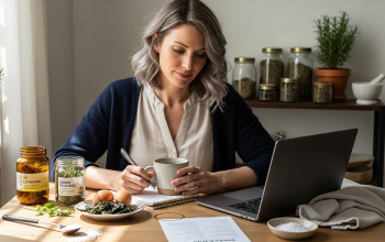 Fiatal nő napfényes konyhánál teával, jegyzetel hormonszabályozás témában