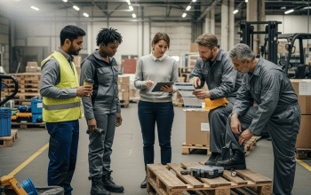 kékgalléros vendégmunkások és műszakvezető beszélgetnek raktári szünetben