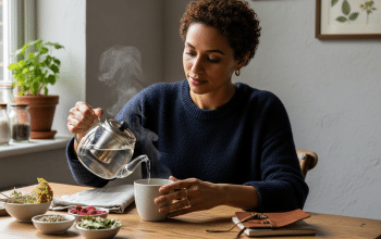 Gyógynövényteát készítő nő a szabálytalan menstruációs ciklus támogatásáért