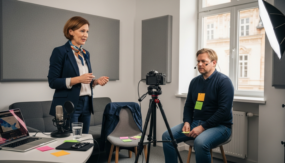 médiatréner stúdióban ügyfelet gyakoroltat kamerás megszólalásra