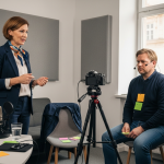 médiatréner stúdióban ügyfelet gyakoroltat kamerás megszólalásra