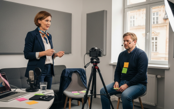 médiatréner stúdióban ügyfelet gyakoroltat kamerás megszólalásra